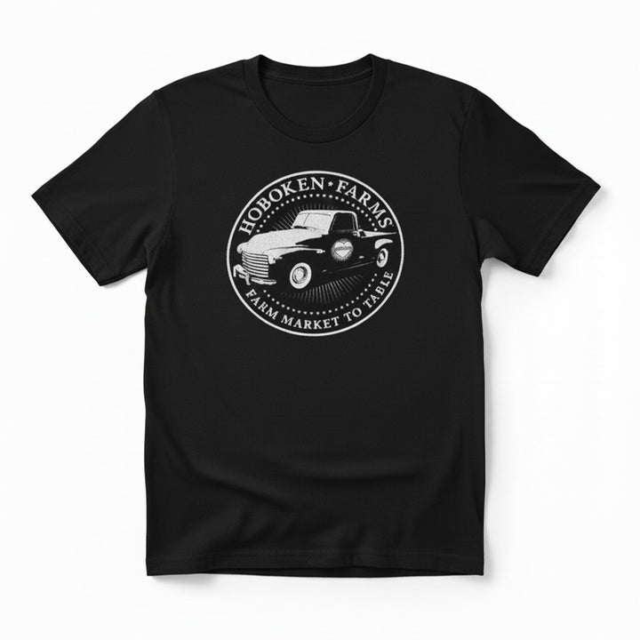 Black t-shirt with a Hoboken Farms logo on a white background