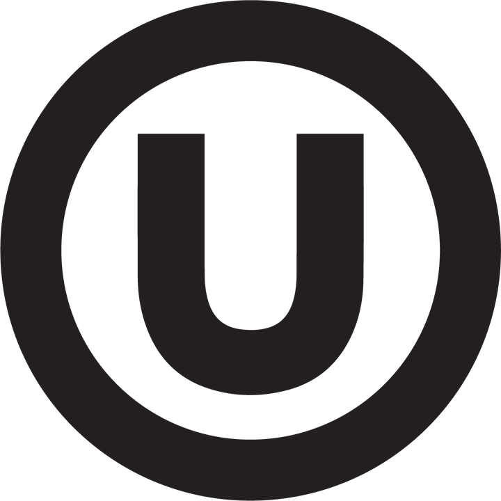 Logo with a black circle and white 'U' in the center