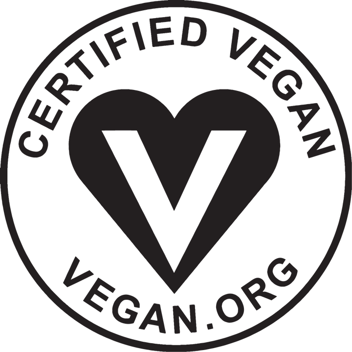 Certified Vegan logo with a heart and 'V' symbol, featuring the text 'CERTIFIED VEGAN' and 'VEGAN.ORG'.