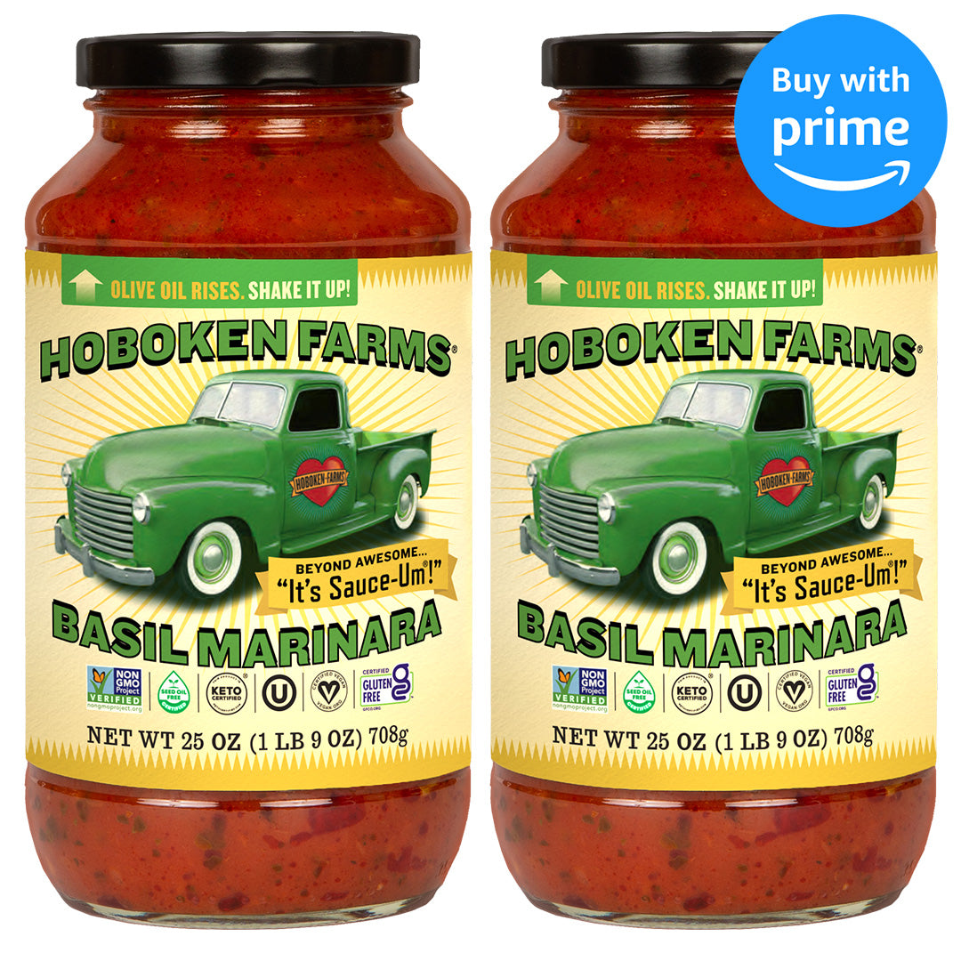 Two jars of Hoboken Farms Basil Marinara sauce with a green truck graphic on the label.