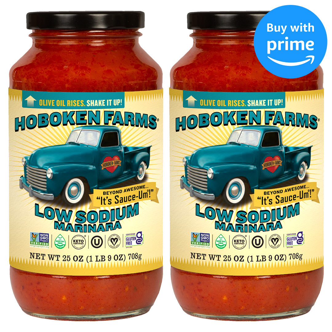 Two jars of Hoboken Farms Low Sodium Marinara sauce with a blue truck graphic on the label.