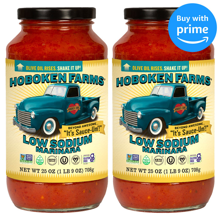 Two jars of Hoboken Farms Low Sodium Marinara sauce with a blue truck graphic on the label.