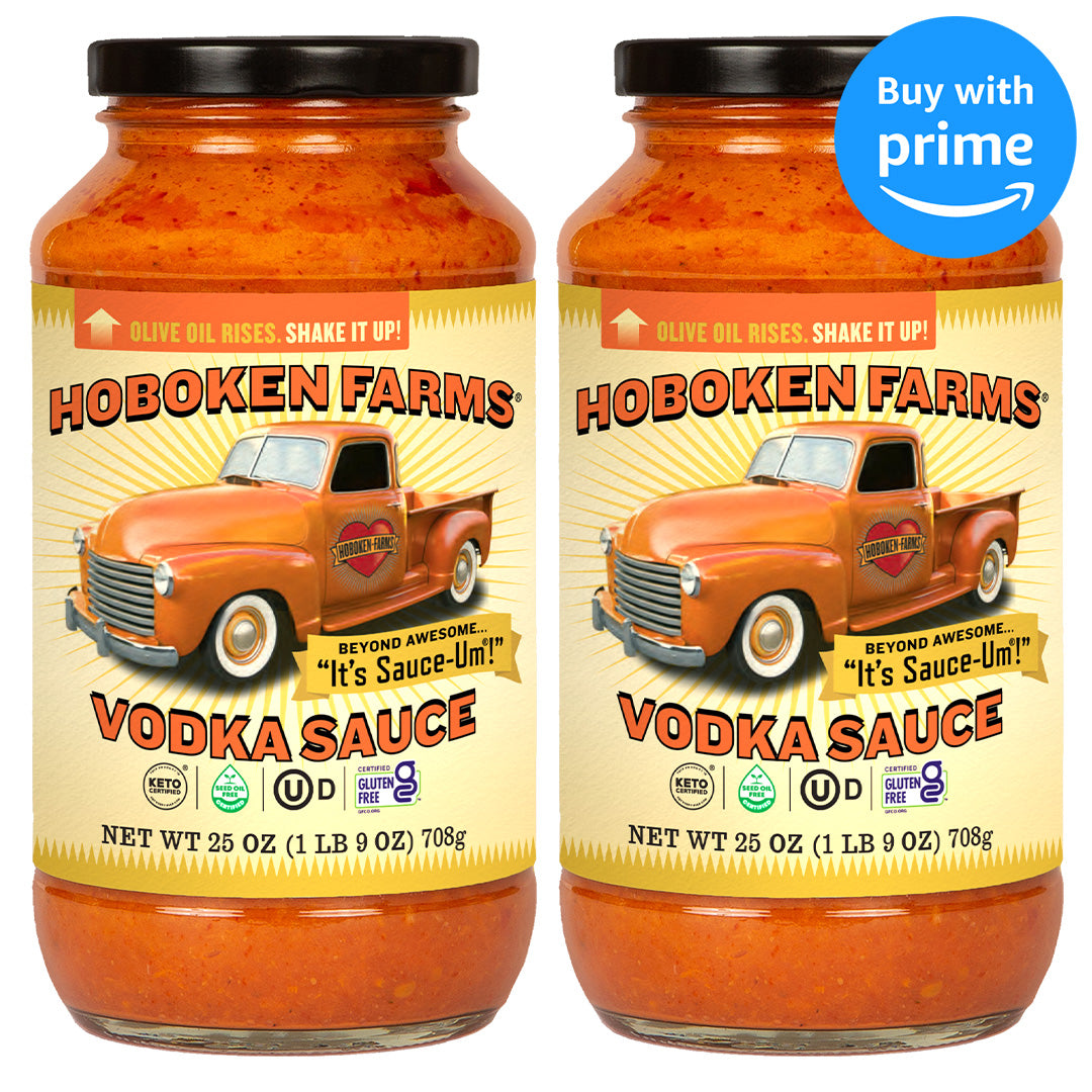 Two jars of Hoboken Farms Vodka Sauce with a vintage truck graphic on the label.