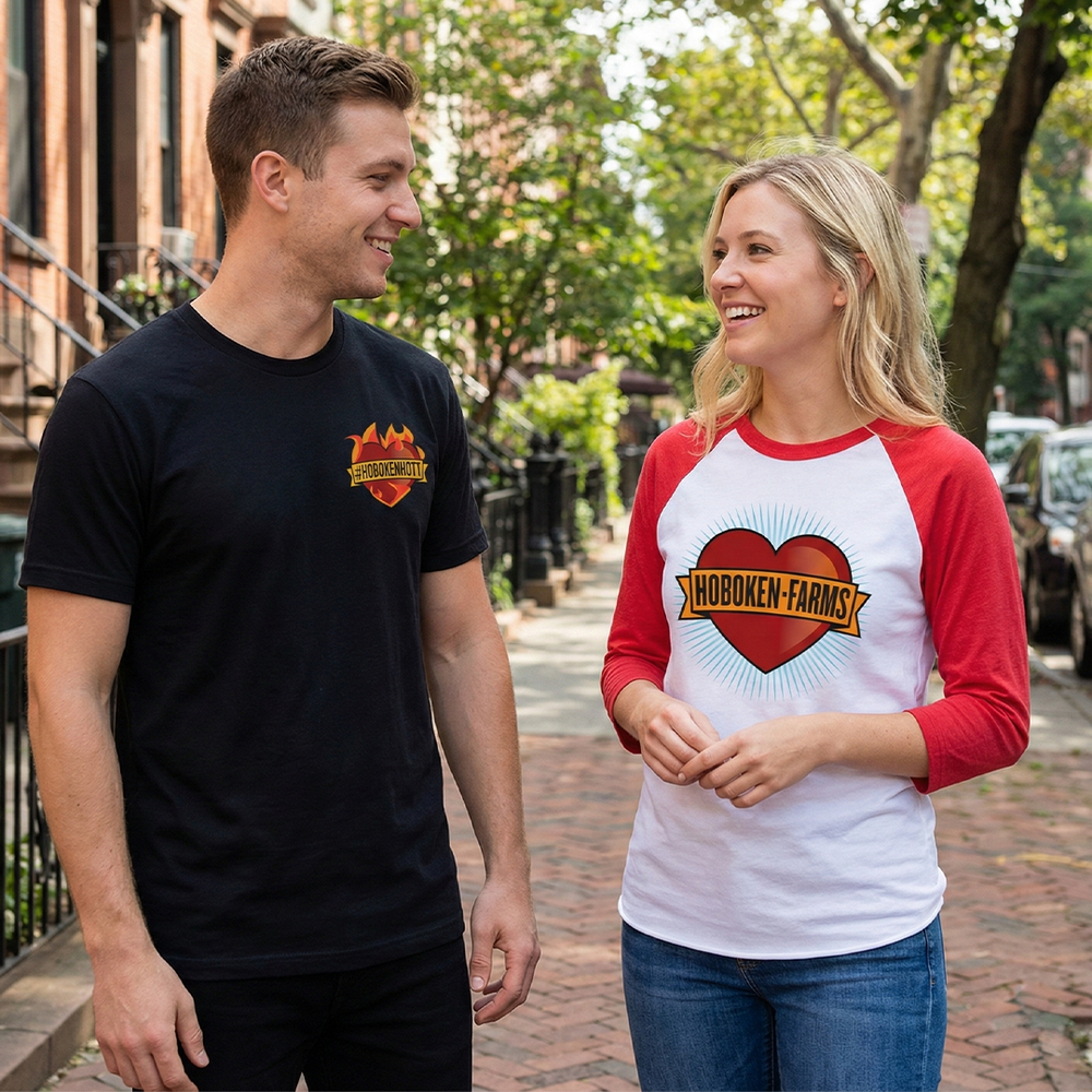 Two people wearing Hoboken Farms t-shirts on a street.