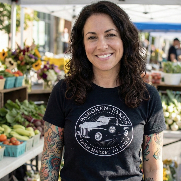 Woman wearing a black t-shirt with 'Hoboken Farms' logo at an outdoor market.