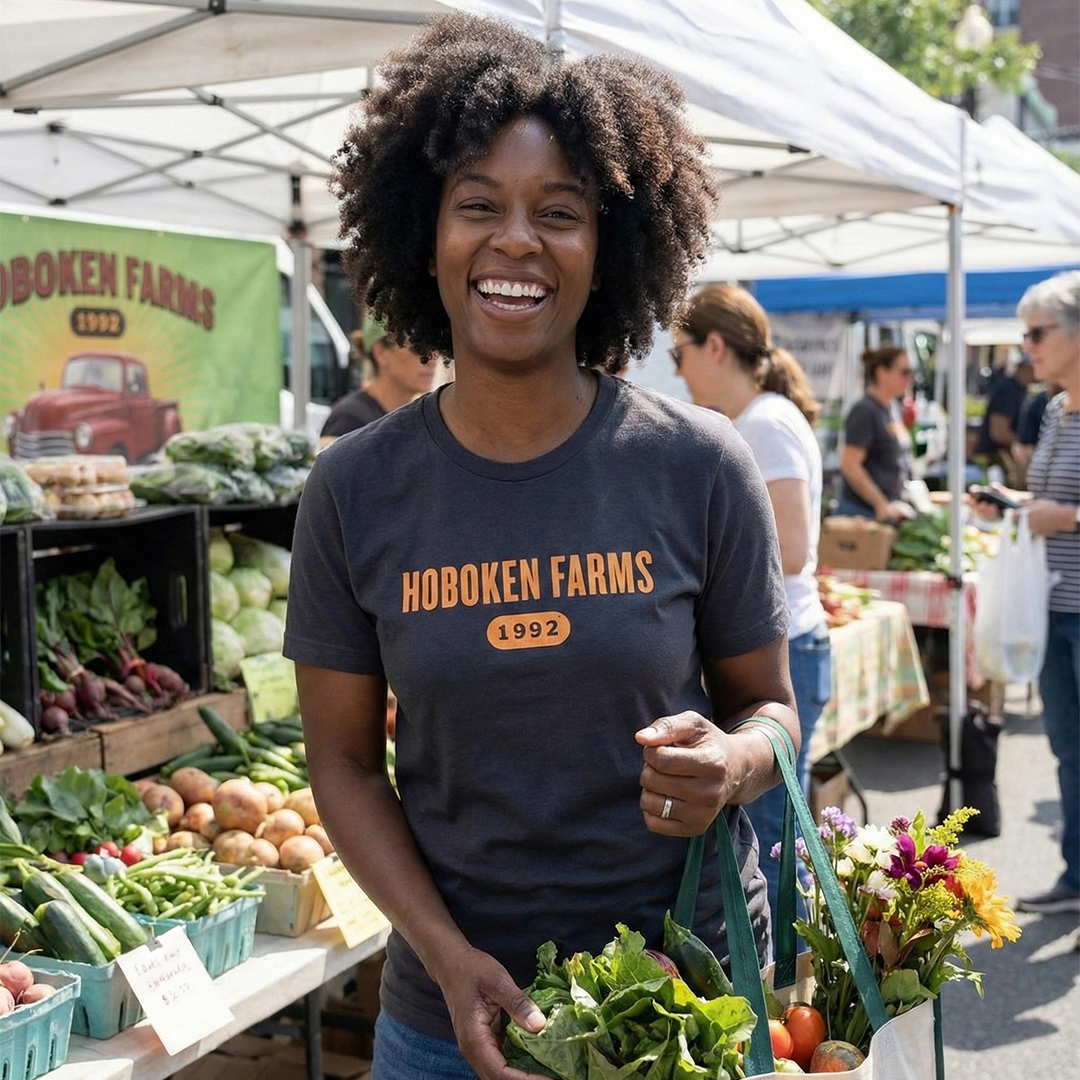 Woman wearing a Hoboken Farms t-shirt at an outdoor farmers market.