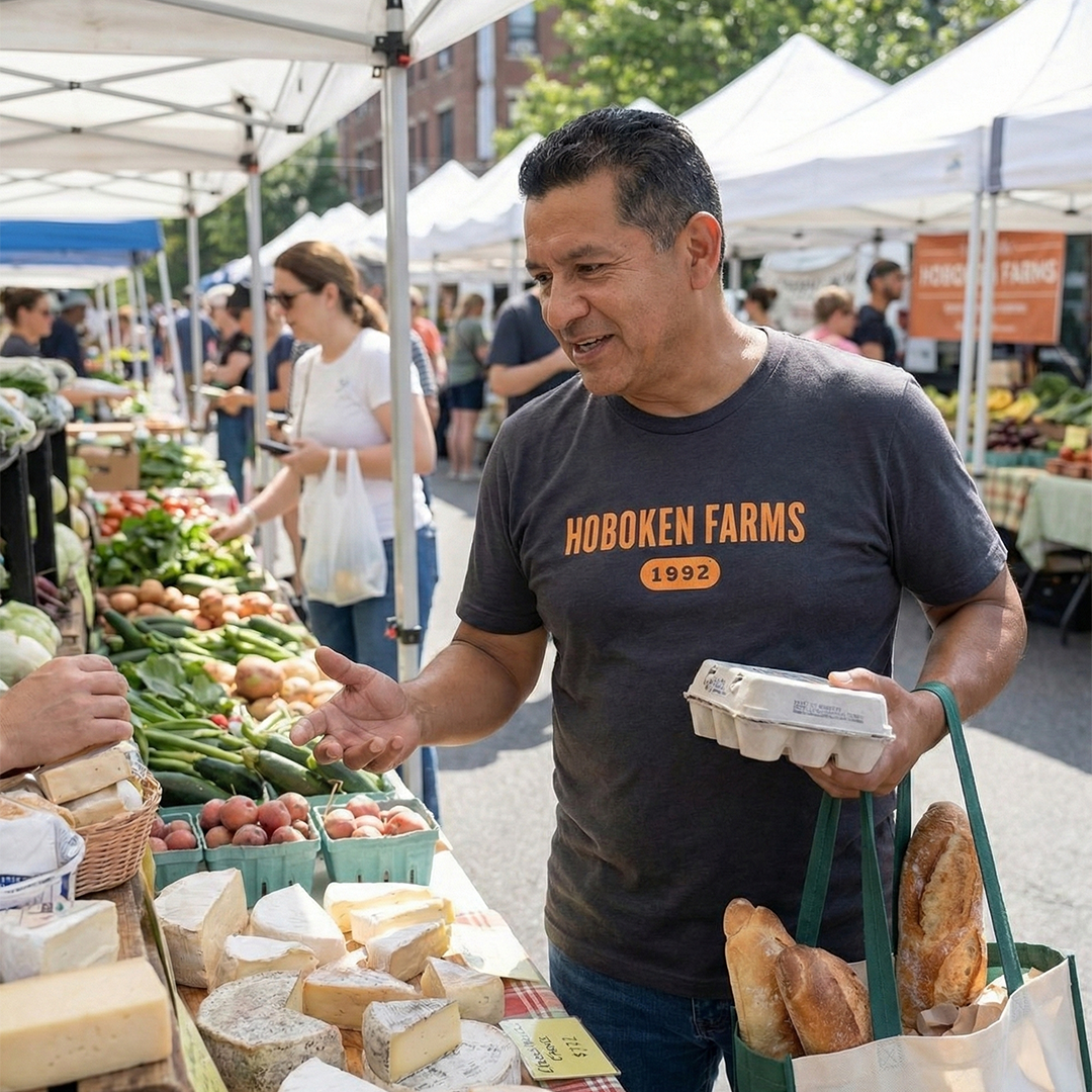 Man at a farmers market holding eggs and bread, wearing a 'Hoboken Farms' shirt.