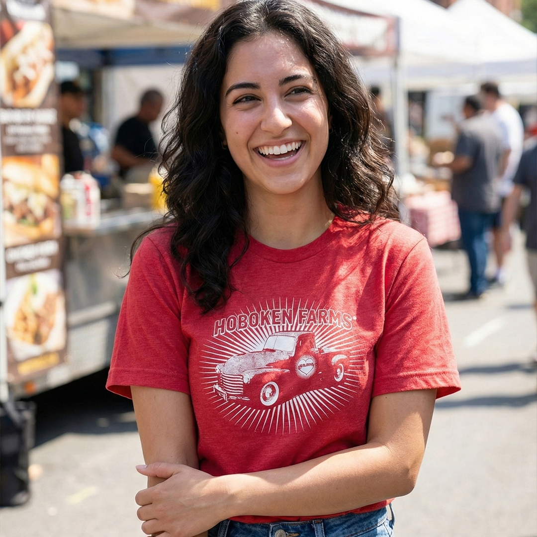 Woman wearing a red t-shirt with 'Hoboken Farms' logo at an outdoor event.