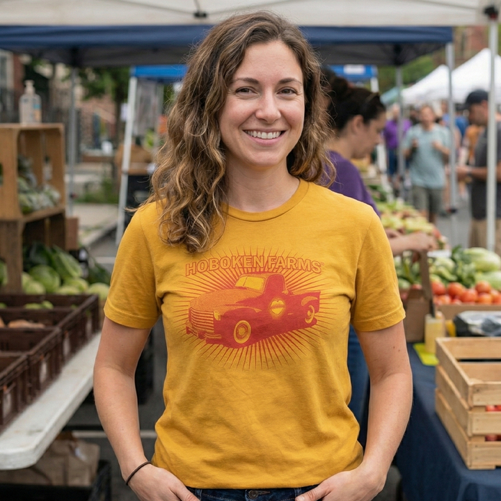 Woman wearing a yellow t-shirt with 'Hoboken Farms' graphic at an outdoor farmers market.