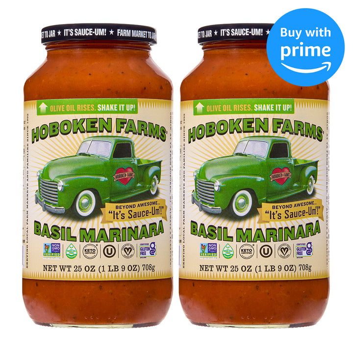 Two bottles of Hoboken Farms Basil Marinara sauce with a green truck graphic on the label.