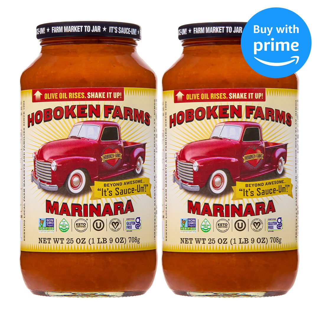 Two jars of Hoboken Farms Marinara sauce with a red truck on the label, set against a white background.