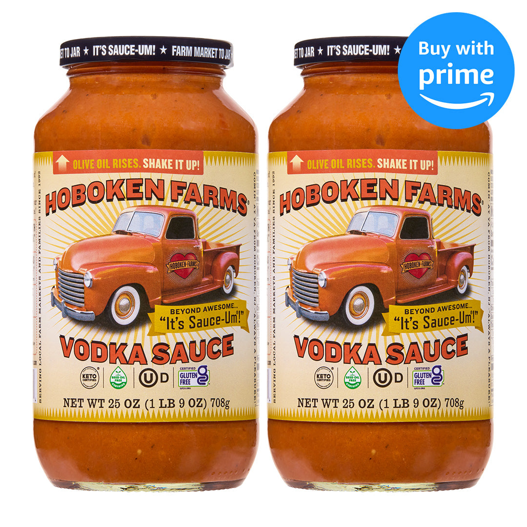 Two bottles of Hoboken Farms Vodka Sauce with a vintage truck on the label.