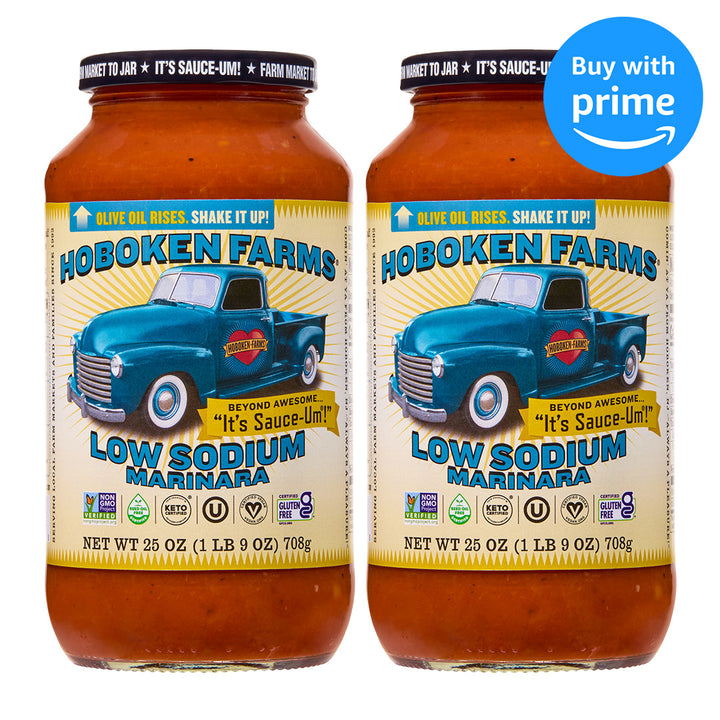 Two bottles of Hoboken Farms Low Sodium Marinara sauce with a blue truck graphic on the label.