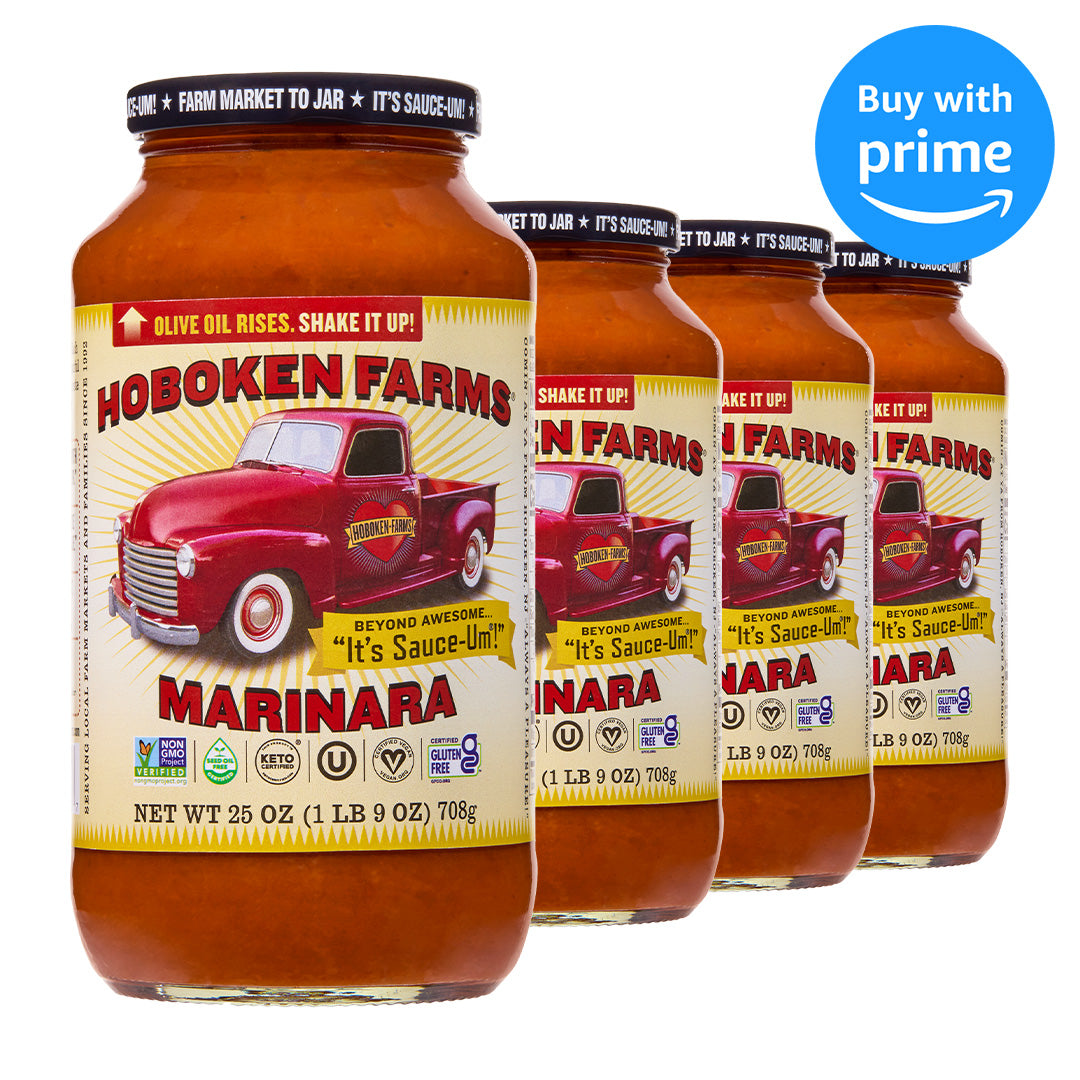 Four jars of Hoboken Farms Marinara sauce with a red truck on the label and a Buy With Prime badge