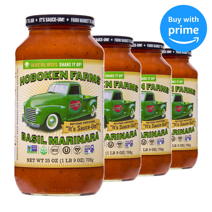 Four jars of Hoboken Farms Basil Marinara sauce with a green truck on the label and a Buy with Prime badge