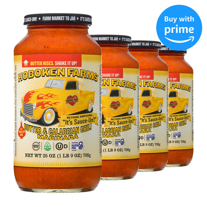 Four bottles of Hoboken Farms Butter & Calabrian Chili Marinara sauce with a 'Buy with Prime' badge.
