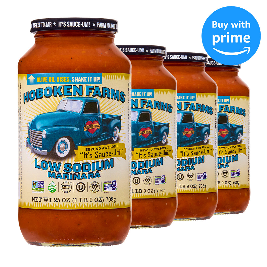 Three jars of Hoboken Farms Low Sodium Marinara sauce with a blue truck graphic on the label and a Buy with Prime badge