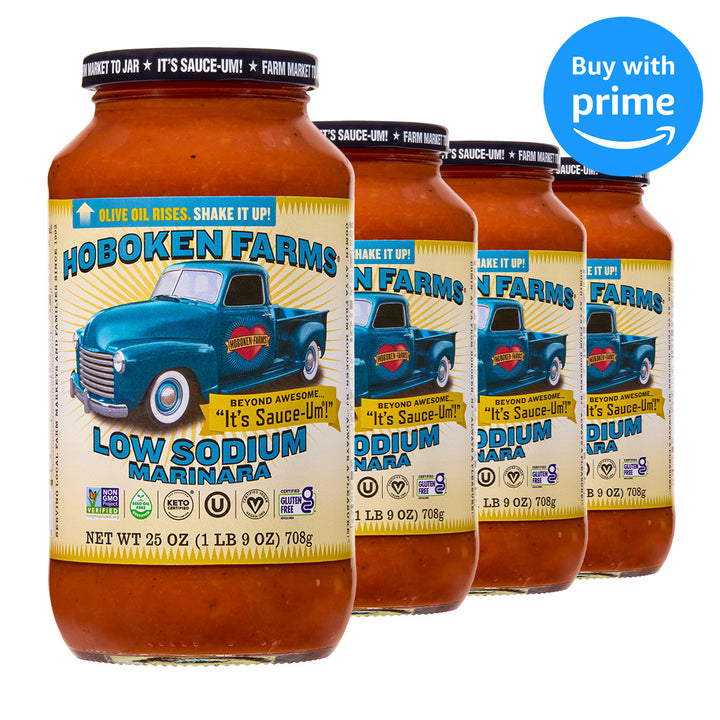 Three jars of Hoboken Farms Low Sodium Marinara sauce with a blue truck graphic on the label and a Buy with Prime badge