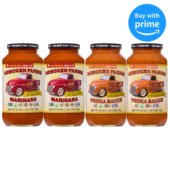 Four bottles of Hoboken Farms marinara and vodka sauce with a 'Buy with Prime' badge on a white background.