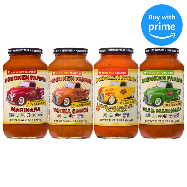 Four jars of Hoboken Farms sauce with colorful truck illustrations on labels, featuring a 'Buy with Prime' button.