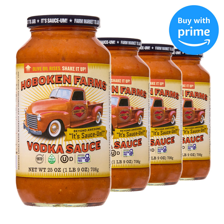 Hoboken Farms Vodka Sauce bottles with a 'Buy with Prime' badge 