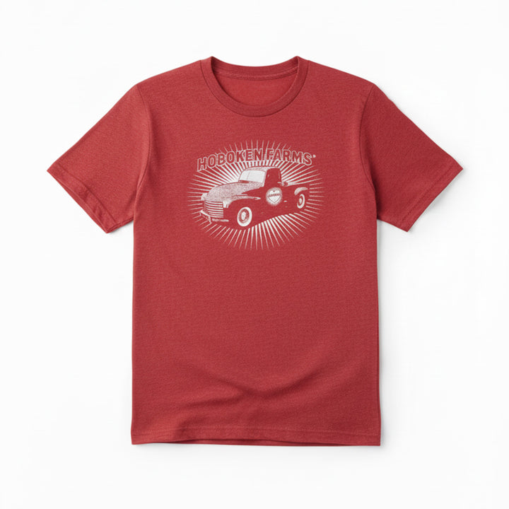 Red t-shirt with a Hoboken Farms logo on a white background