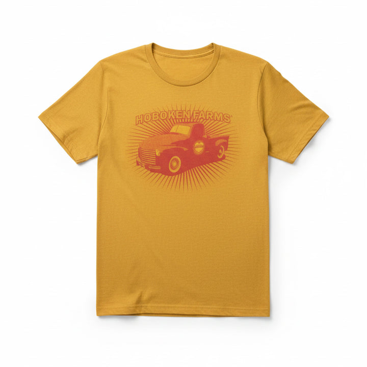 Yellow t-shirt with red graphic of a truck and 'Hoboken Farms' text on a white background