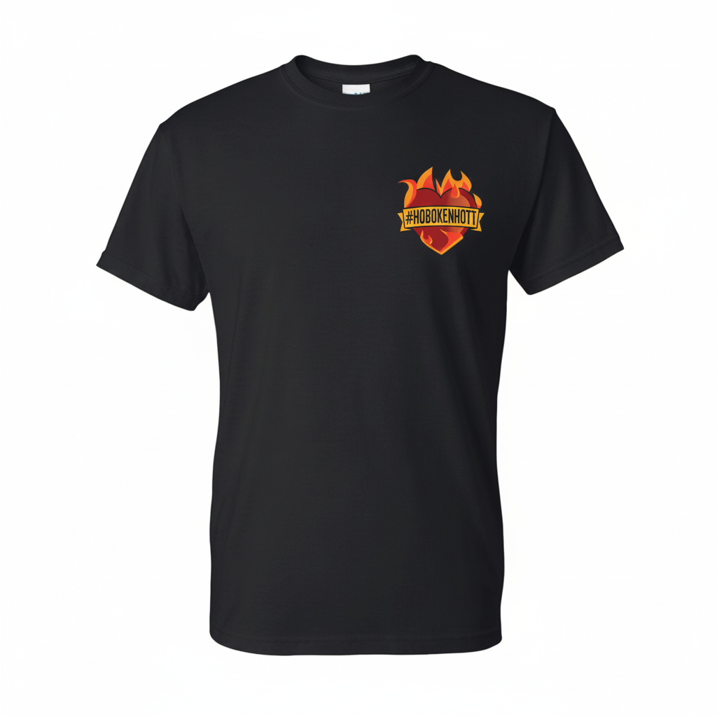 Black t-shirt with a Hoboken Farms logo on the chest against a white background