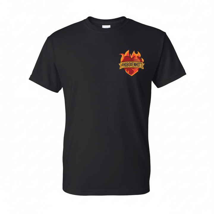 Black t-shirt with a Hoboken Farms logo on the chest against a white background