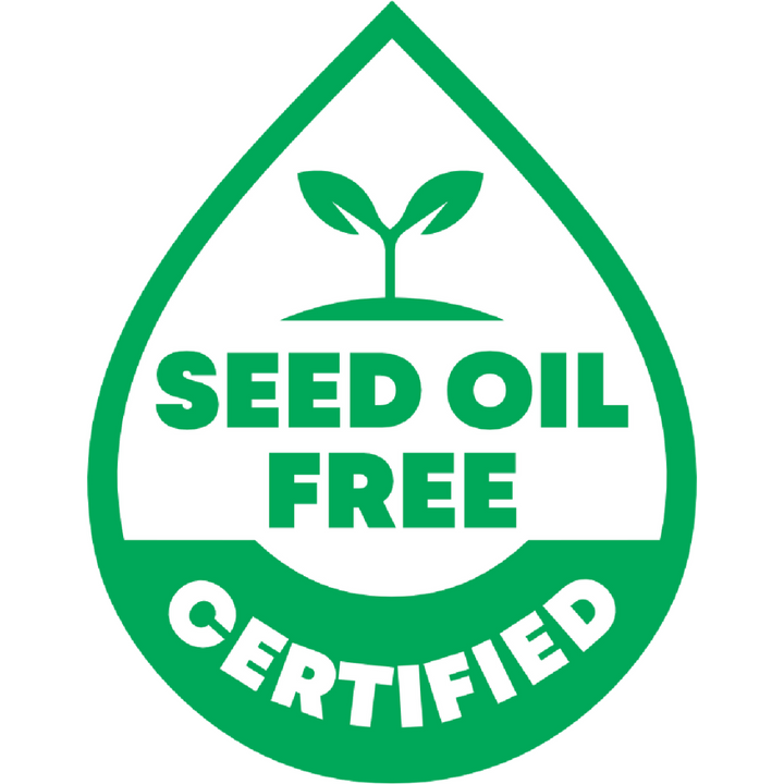 Logo indicating seed oil free certification with a green drop shape and plant icon.